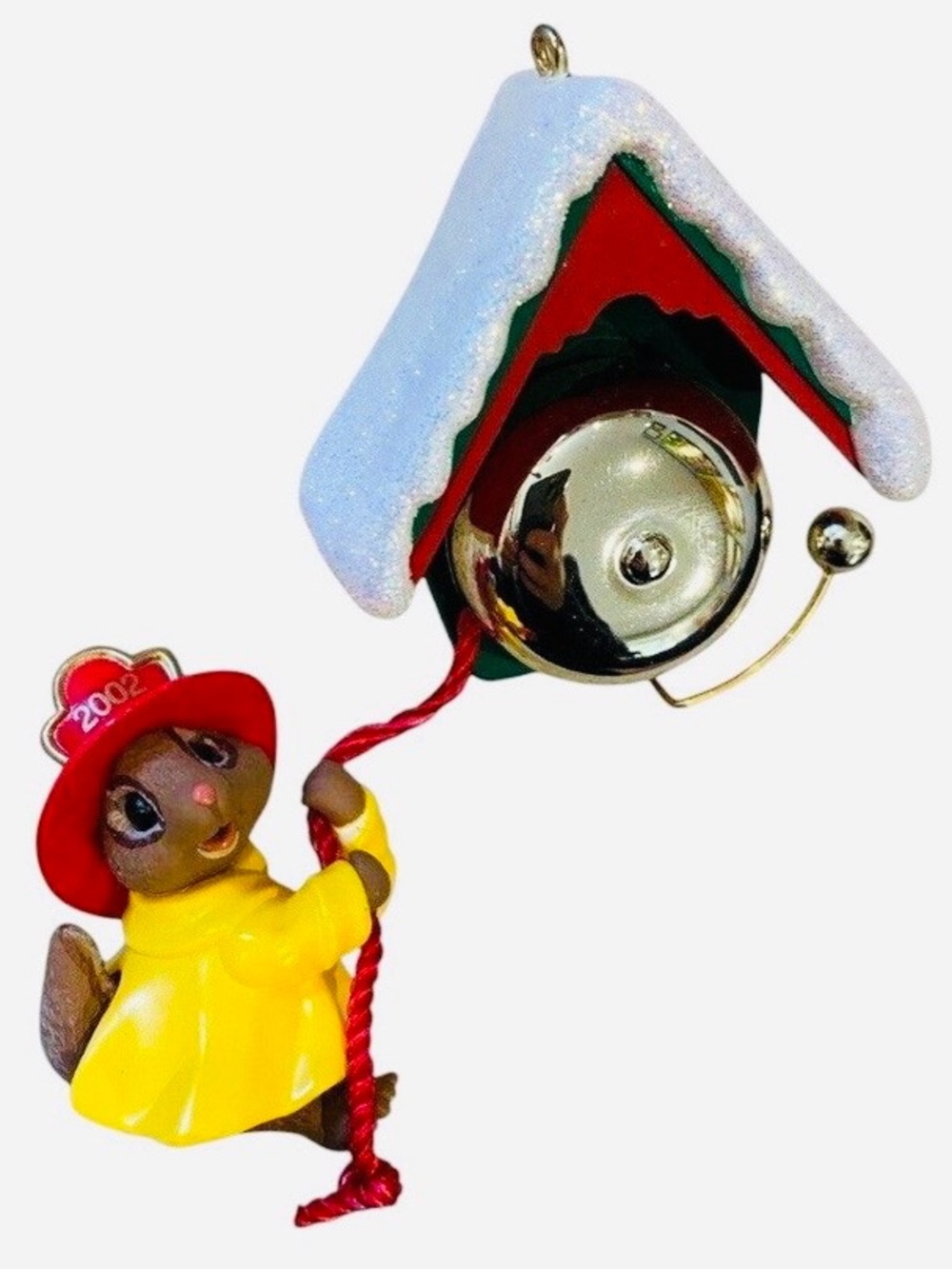 2002 Calling All Firefighters Yellow & Red Squirrel Bell Holiday Ornament